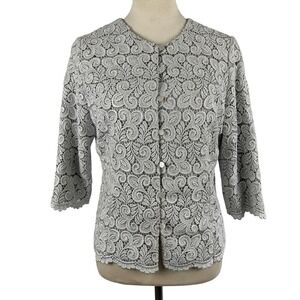 Vintage Talbots Petites Gray Lace Metallicā 3/4 Sleeve Button Cardigan Womens 10